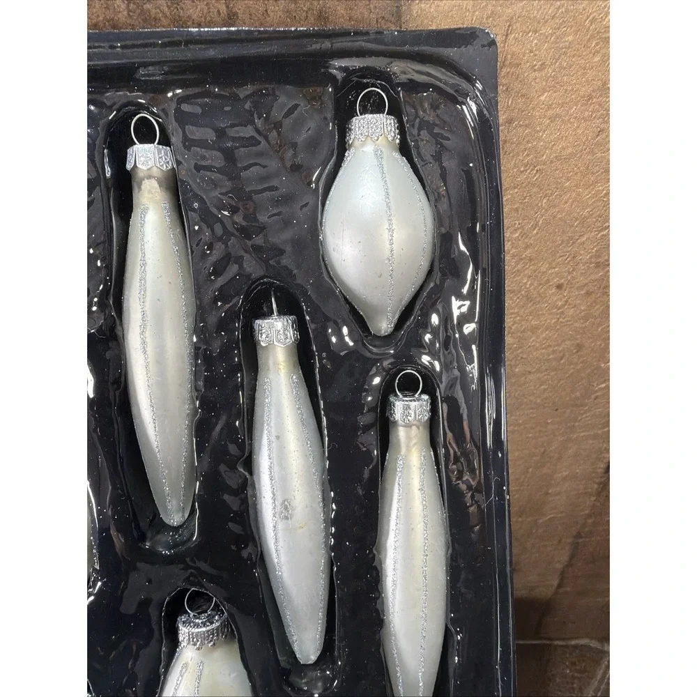 Yule Glass Christmas Ornaments White Silver Glitter In Box Set of 19 Assorted